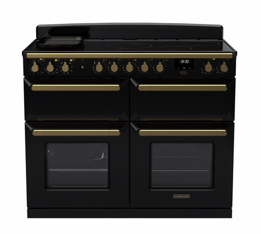 Rangemaster Estel Deluxe 110 Slow Oven | Induction | Gloss Black | Antique Brass Trim | ESDLB110EIPGBL/AB1