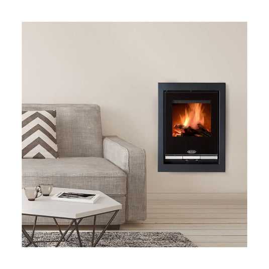 stanley solis 500 eco wood burner in black, with 3/4 sided freame, 5kw