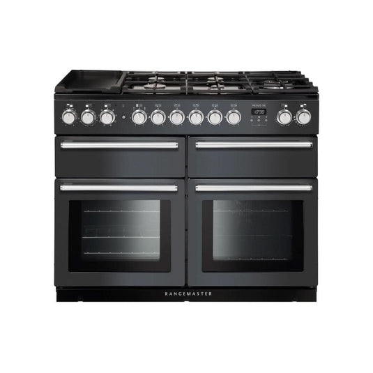 dual fuel rangemaster nexus se 110 in slate with chrome trim
