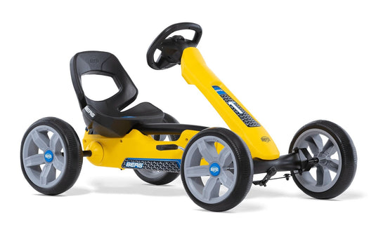 yellow go kart with black seat and black steering wheel
