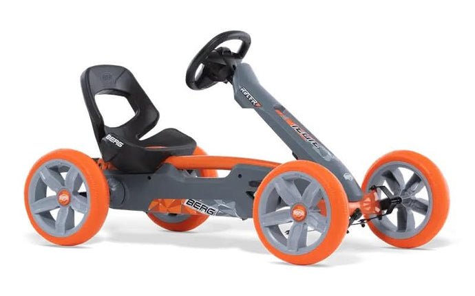 grey and orange go kart with black seat and black steering wheel