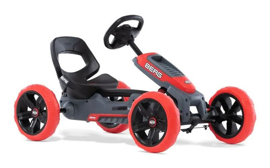 grey and red go kart with black seat and black steering wheel