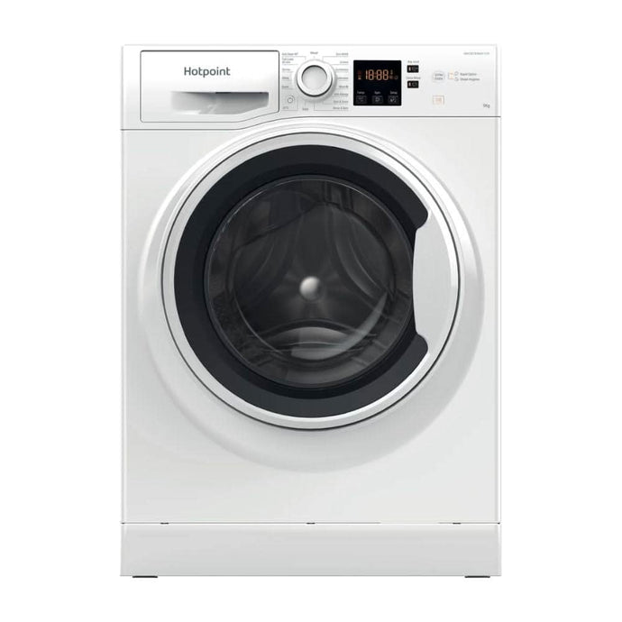 white washing machine with black and white door