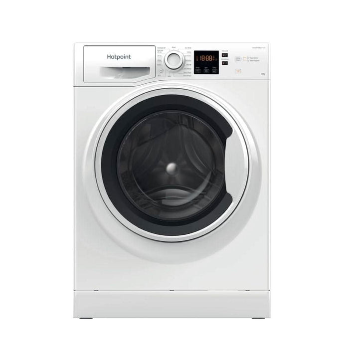 white washing machine with black and white door