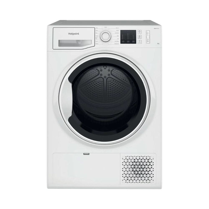 white condenser dryer with black and white door
