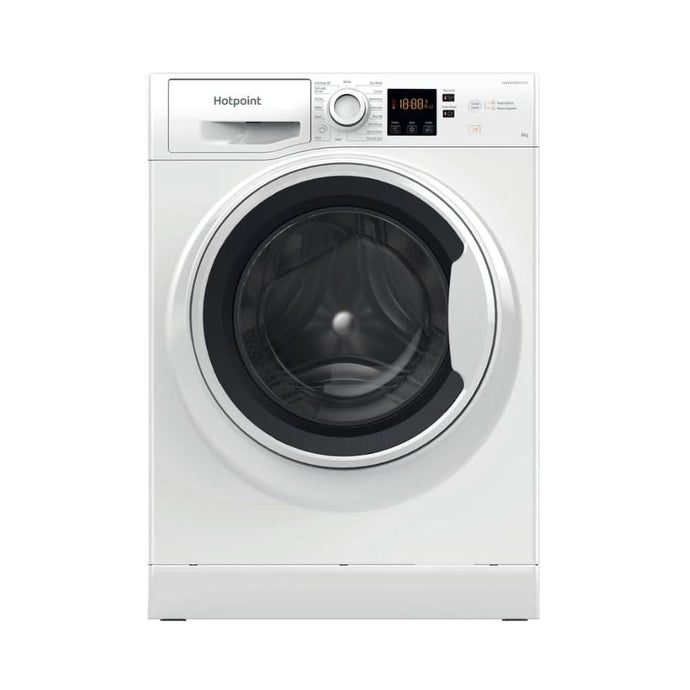 white washing machine with white and black door