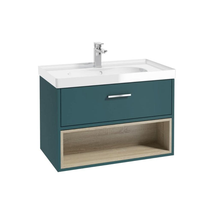 ocean blue wall hung vanity unit with chrome handle and tap, and gloss white basin