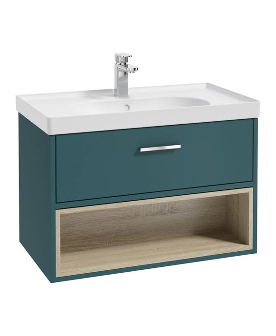 ocean blue wall hung vanity unit with a single drawer and an open shelf, chrome handle and tap, and white matt basin
