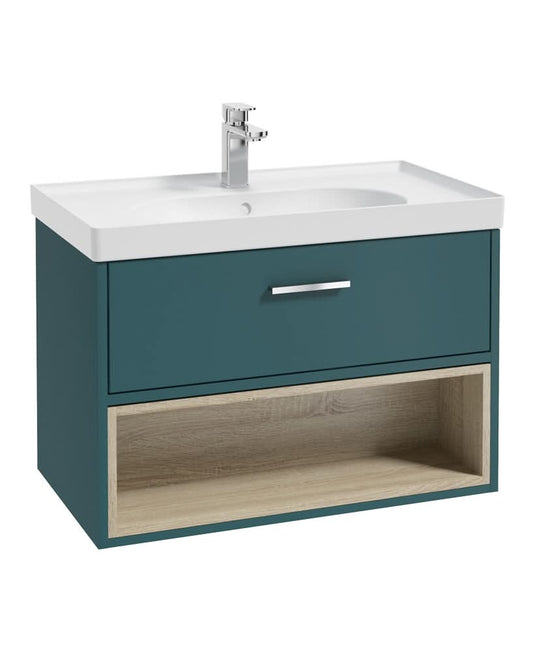 ocean blue wall hung vanity unit with a single drawer and an open shelf, chrome handle and tap, and white matt basin