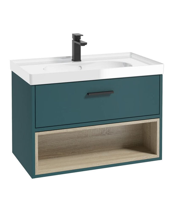 ocean blue wall hung vanity unit with a single drawer and an open shelf, black handle and tap, white gloss basin