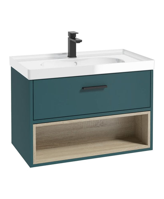 ocean blue wall hung vanity unit with a single drawer and an open shelf, black handle and tap, white gloss basin