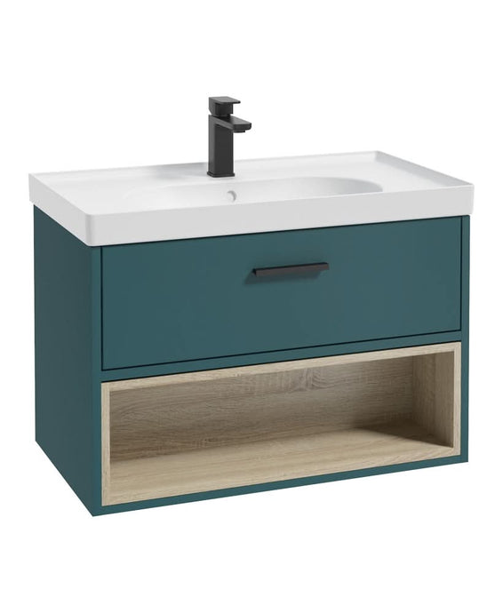 ocean blue wall hung vanity unit with a single drawer and an open shelf, black handle and tap, white matt basin