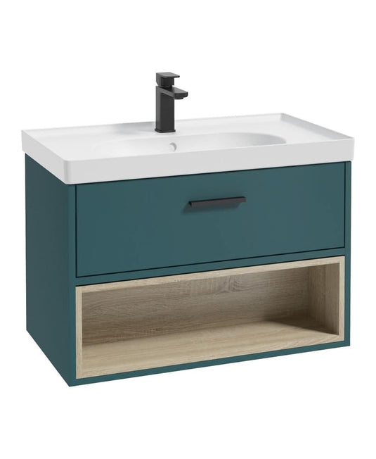 ocean blue wall hung vanity unit with a single drawer and an open shelf, black handle and tap, white matt basin