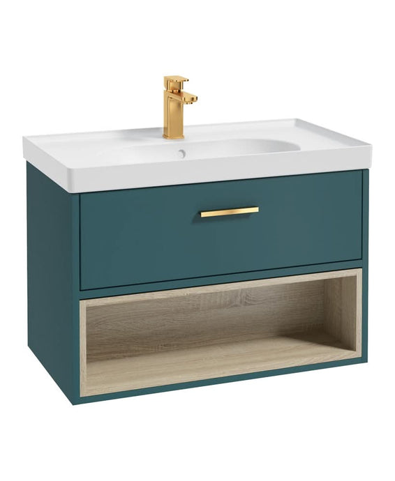 ocean blue wall hung vanity unit with a single drawer and an open shelf, gold handle and tap, white matt basin