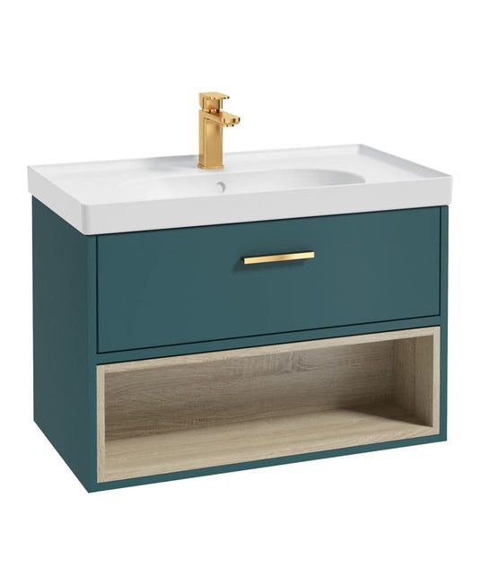 ocean blue wall hung vanity unit with a single drawer and an open shelf, gold handle and tap, white matt basin
