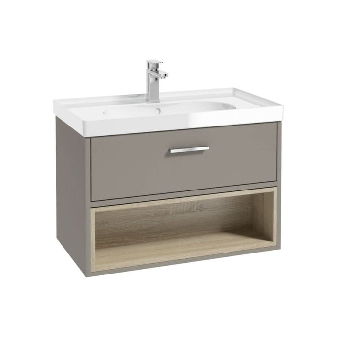 khaki wall hung vanity unit with single drawer and an open shelf, chrome handle and tap, white gloss basin