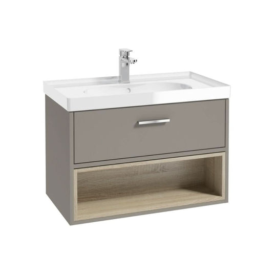khaki wall hung vanity unit with single drawer and an open shelf, chrome handle and tap, white gloss basin