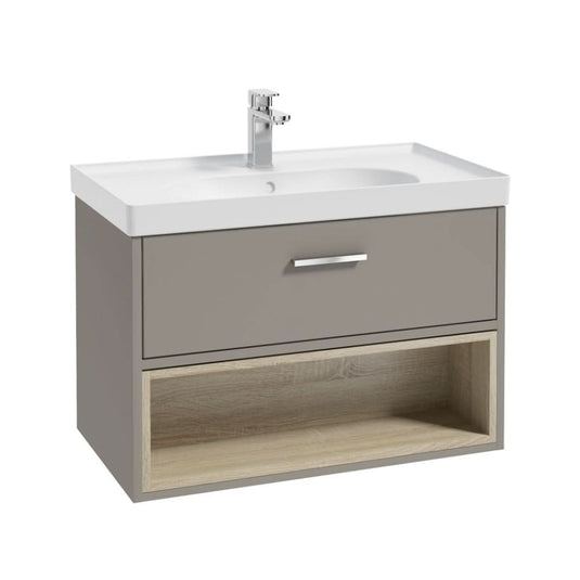 khaki wall hung vanity unit with single drawer and an open shelf, chrome handle and tap, white matt basin