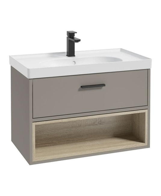 wall hung vanity unit in khaki with single drawer and open shelf unit, matt black handle and tap, white basin