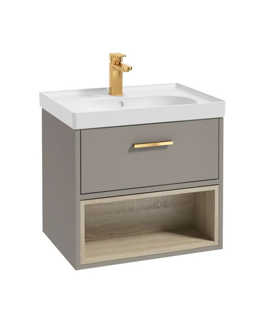 Sonas Malmö 60Cm Single Drawer, Open Shelf Unit, Khaki, Brushed Gold Handle, Matt Basin | GMAL60KHMB