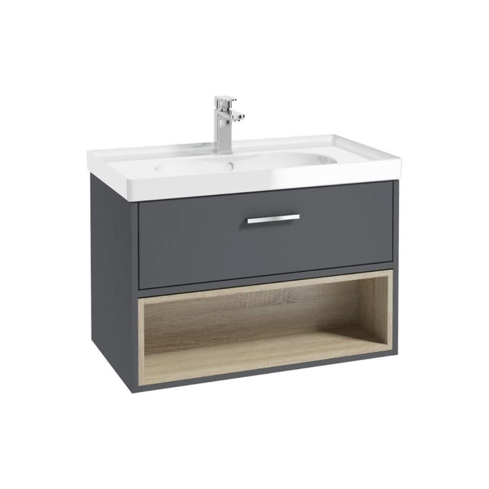midnight grey wall hung vanity unit with single drawer and an open shelf, chrome handle and tap, white gloss basin