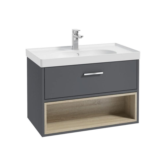 midnight grey wall hung vanity unit with single drawer and an open shelf, chrome handle and tap and white matt basin