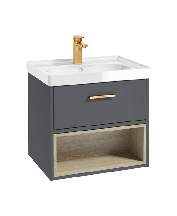 Sonas Malmö 60Cm Single Drawer, Open Shelf Unit, Midnight Grey, Brushed Gold Handle, Gloss Basin | GMAL60MGGB