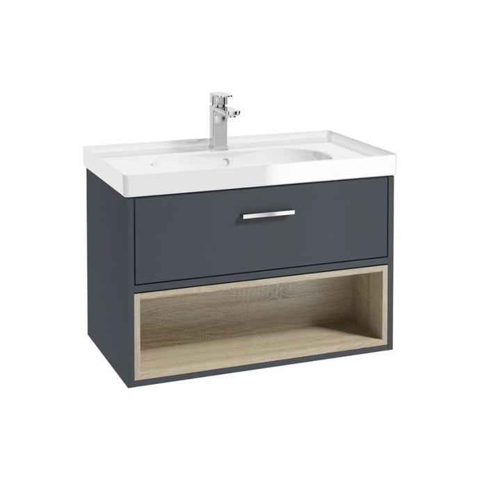 night sky blue wall hung vanity unit with single drawer and an open shelf unit, brushed chrome handle and tap and gloss basin