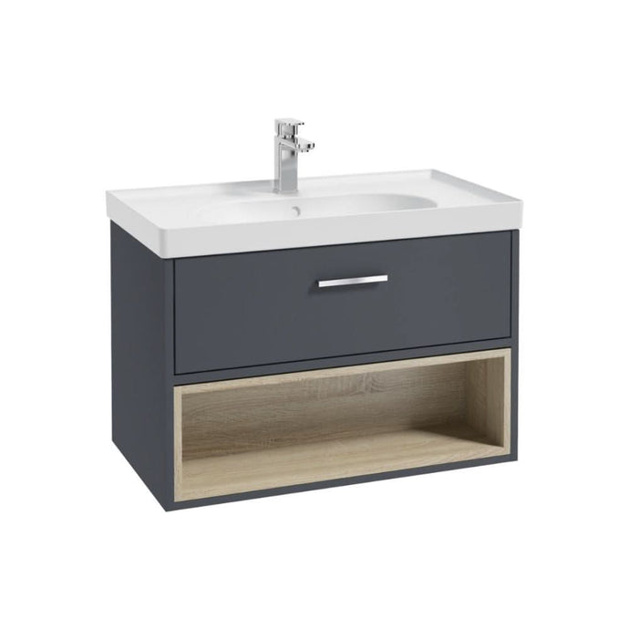 matt night sky blue wall hung vanity unit with chrome handle and tap, white basin and a single drawer and open shelf 