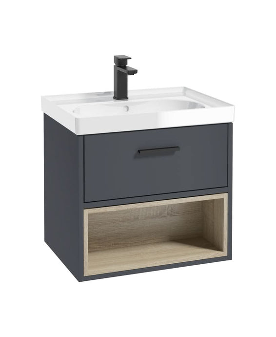 Sonas Malmö 60Cm Single Drawer, Open Shelf Unit, Matt Night Sky Blue, Black Handle, Gloss Basin | BMAL60NBGB