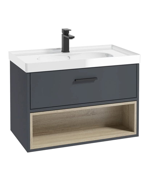 matt night sky blue wall hung vanity unit with a single drawer and an open shelf, black handle and tap, white gloss basin