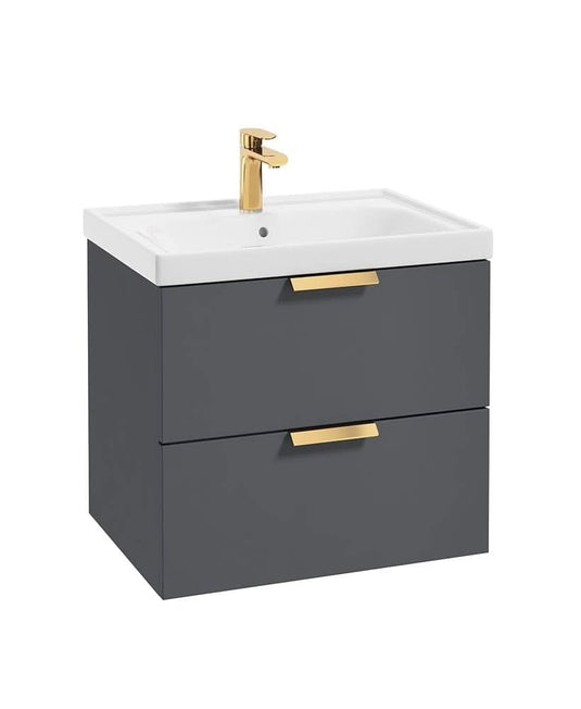 wall hung vanity unit with 2 drawers in midnight grey with gold handles and tap