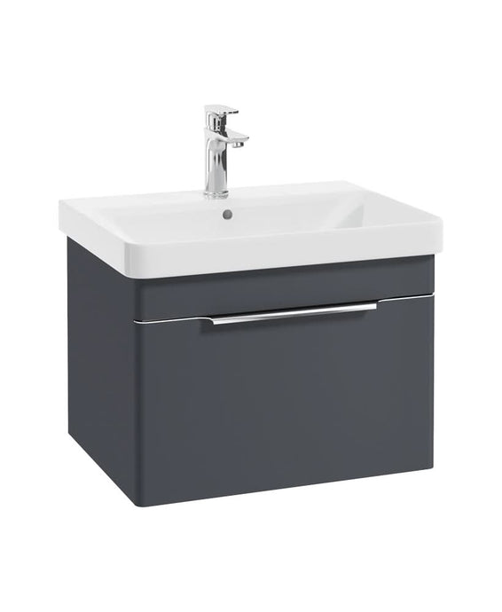 wall hung vanity unit in night sky blue with a single drawer, chrome tap and handle, white basin