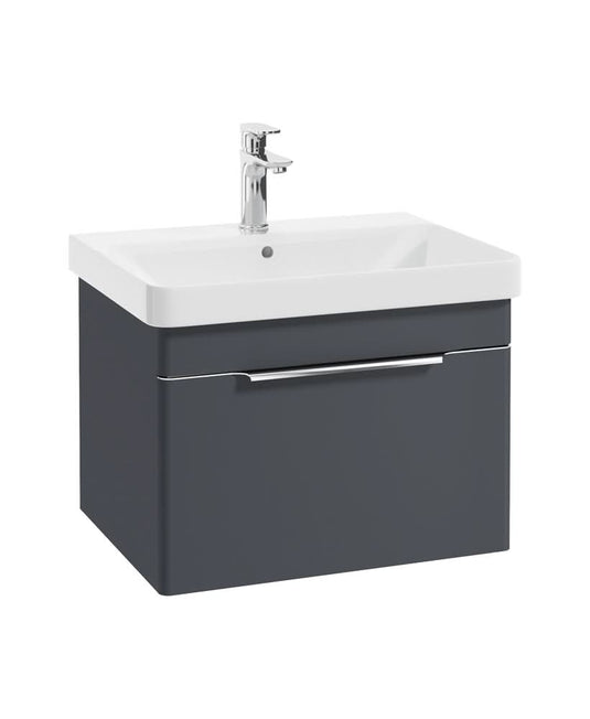 wall hung vanity unit in night sky blue with a single drawer, chrome tap and handle, white basin