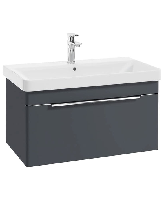 night sky blue wall hung vanity unit with a single drawer, chrome handle and tap, white basin