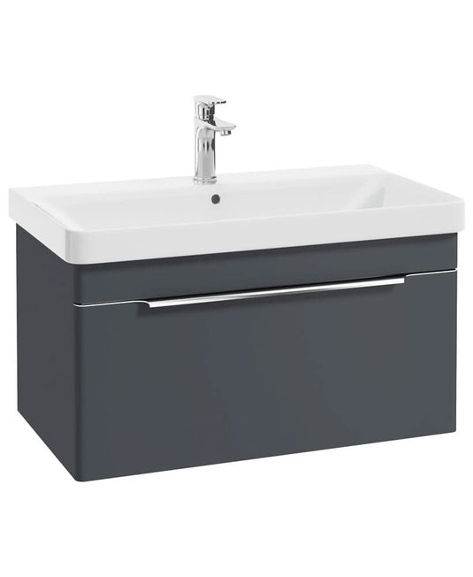 night sky blue wall hung vanity unit with a single drawer, chrome handle and tap, white basin