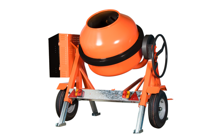orange 360 litre petrol site mixer road-tow