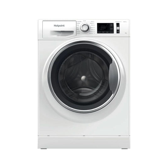 white washing machine with black and white door