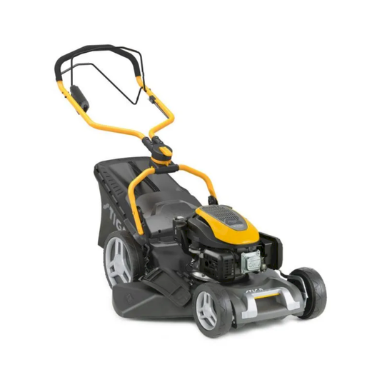 stiga electric start self propelled lawnmower in black and yellow