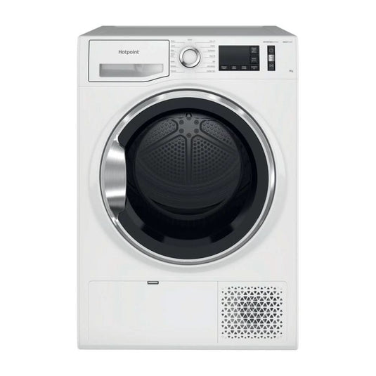 white heat pump condenser dryer with black and steel door