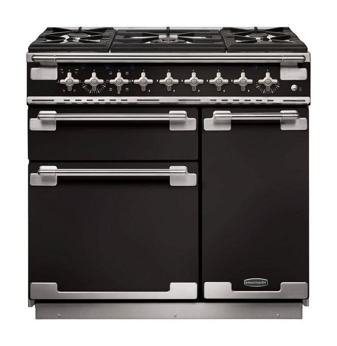 dual fuel rangemaster elise 110 in gloss black with chrome trim