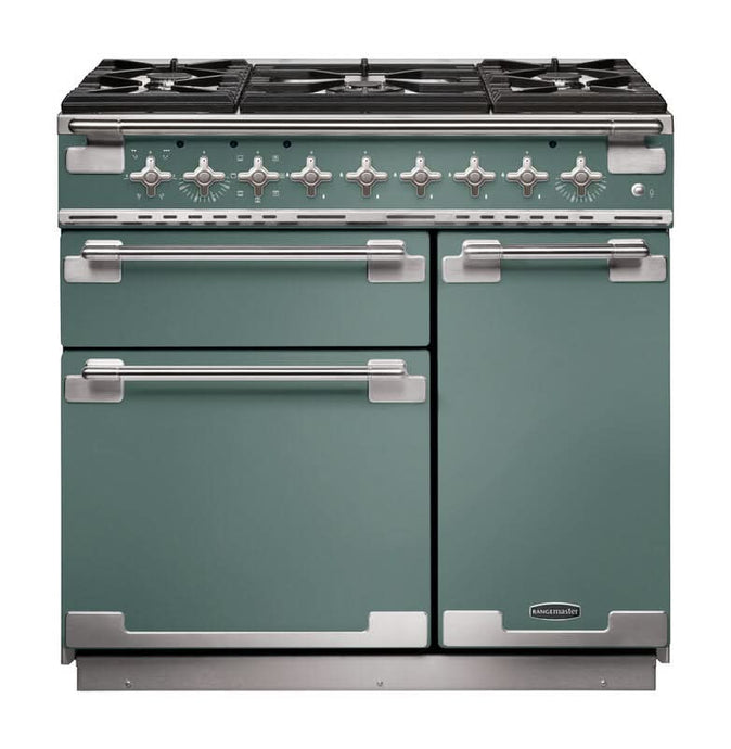 dual fuel rangemaster elise 110 in mineral green with chrome trim