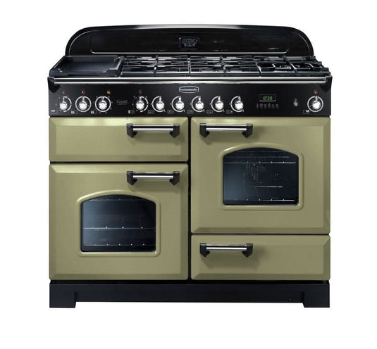 Rangemaster Classic Deluxe 110 | Dual Fuel | Green Olive | Chrome Trim | CDL110DFFOG/C