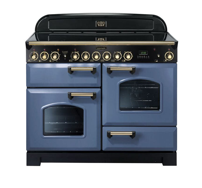 ceramic rangemaster classic deluxe 110 in stone blue with brass trim