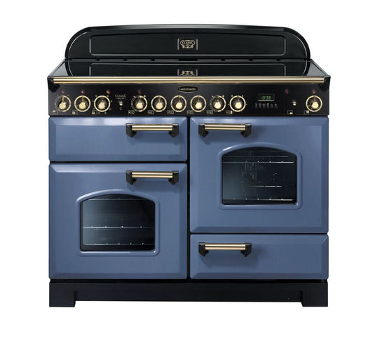 ceramic rangemaster classic deluxe 110 in stone blue with brass trim