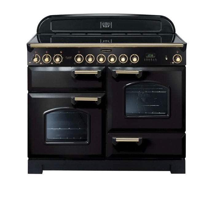 ceramic rangemaster classic deluxe 110 in black with brass trim