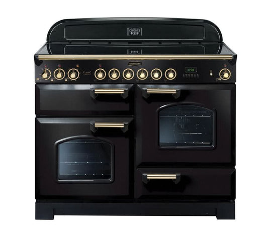 ceramic rangemaster classic deluxe 110 in black with brass trim