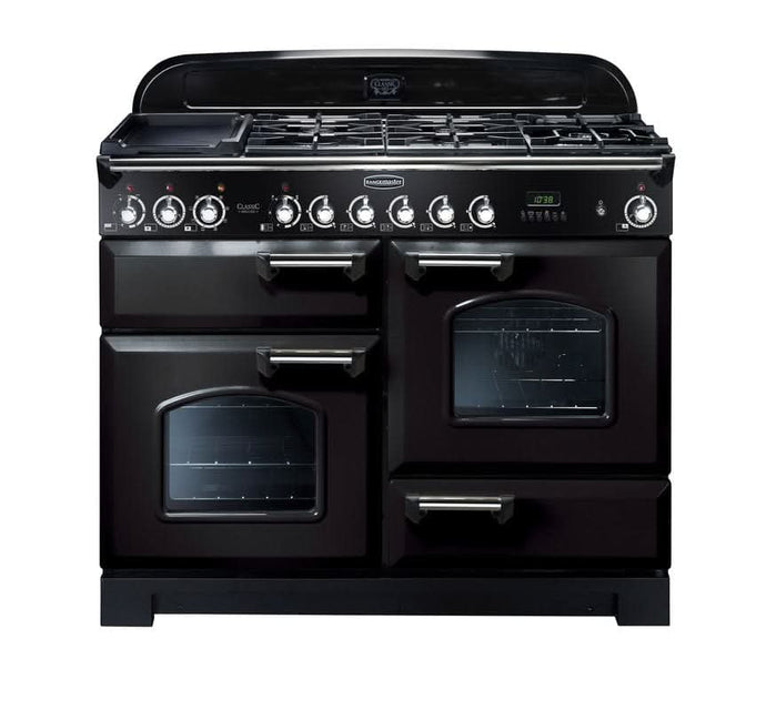 dual fuel rangemaster classic deluxe 110 in black with chrome trim