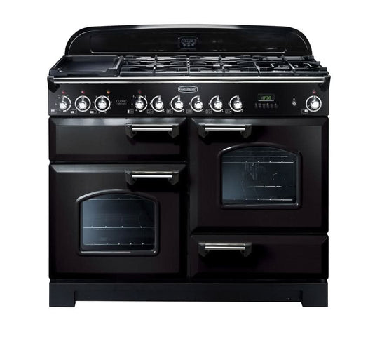 dual fuel rangemaster classic deluxe 110 in black with chrome trim