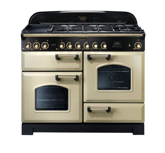 dual fuel rangemaster classic deluxe 110 in cream with brass trim